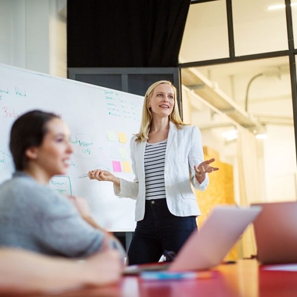 Young businesswoman giving presentation on future plans to her colleagues at office